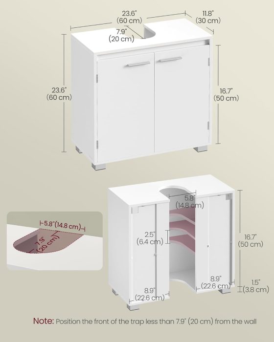Masca chiuveta baie 2 usi raft reglabil mdf pal, 60x30x60 cm, design modern, alb [3]