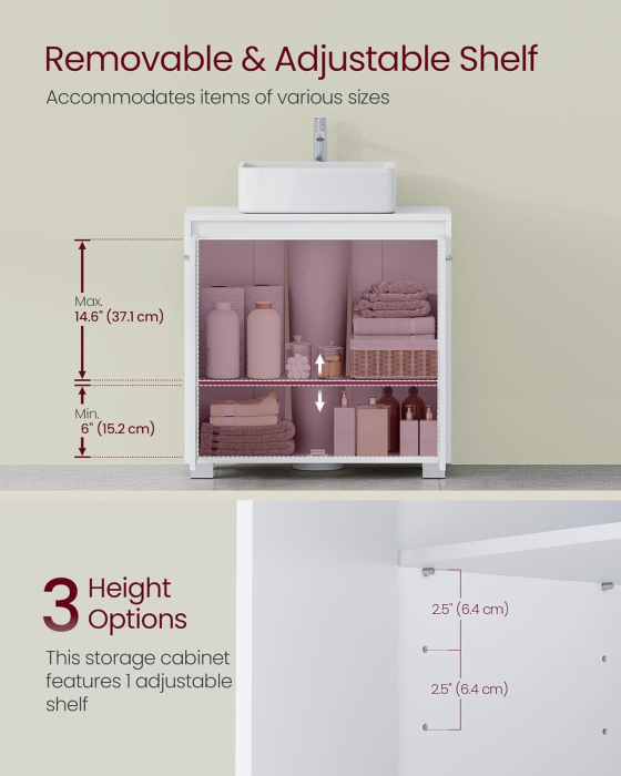 Masca chiuveta baie 2 usi raft reglabil mdf pal, 60x30x60 cm, design modern, alb [5]