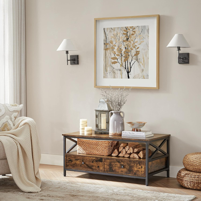 Masuta cafea cu 2 sertare si compartiment deschis, structura metalica, stil industrial, 100x55x45 cm, maro rustic [3]