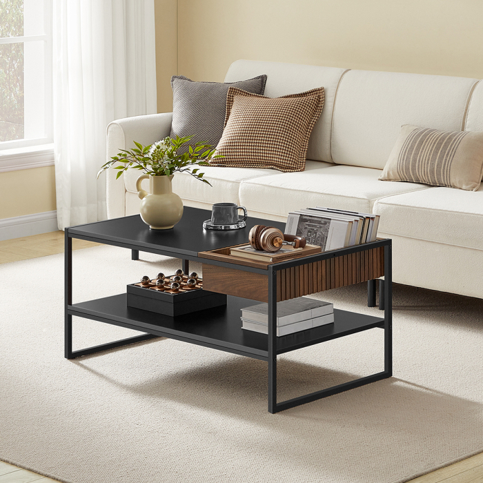 VASAGLE Masuta cafea cu sertar si raft inferior, structura otel, 100x55x45 cm, negru [2]