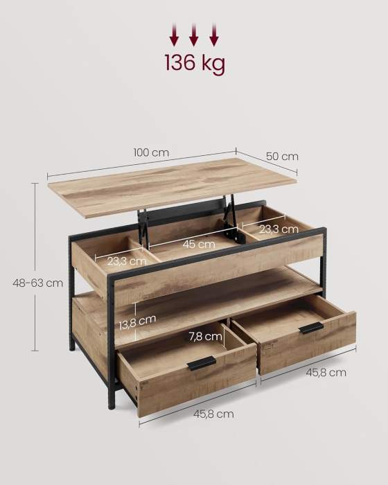 Masuta de cafea cu blat rabatabil 100x50 cm, 5 compartimente, stil industrial, PAL si otel, maro-negru [3]