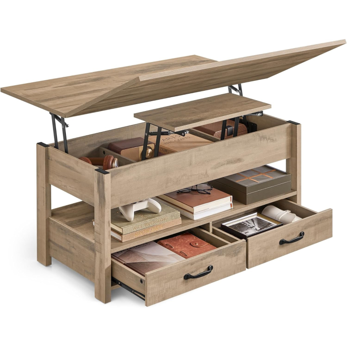Masuta de cafea cu blat reglabil pe inaltime, 2 sertare si compartimente ascunse, PAL si MDF, 100x50x(49-64) cm, maro camel [7]