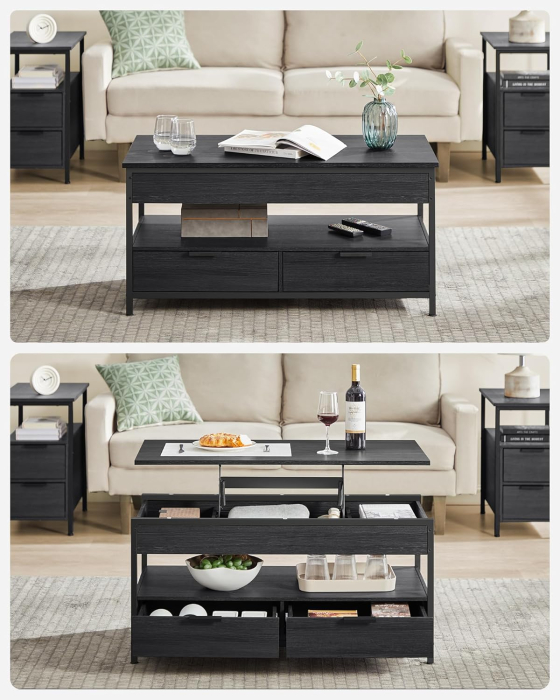 Masuta de cafea cu blat reglabil pe inaltime, cu sertare si spatii de depozitare, stil industrial, 100x50x63 cm, gri antracit [4]