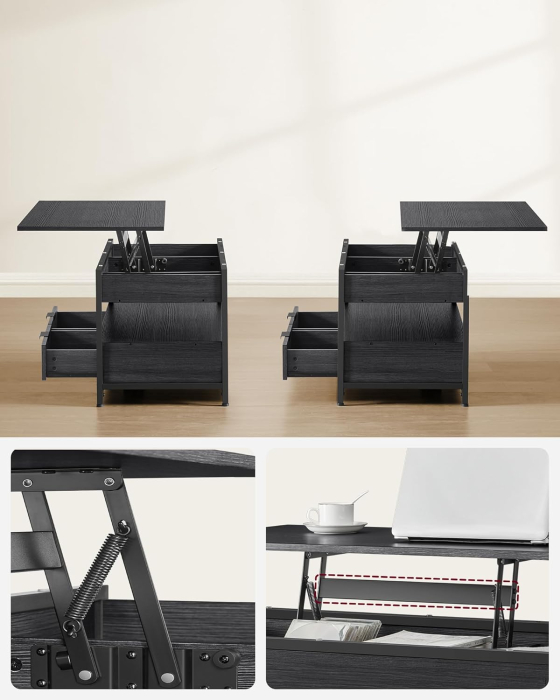 Masuta de cafea cu blat reglabil pe inaltime, cu sertare si spatii de depozitare, stil industrial, 100x50x63 cm, gri antracit [2]