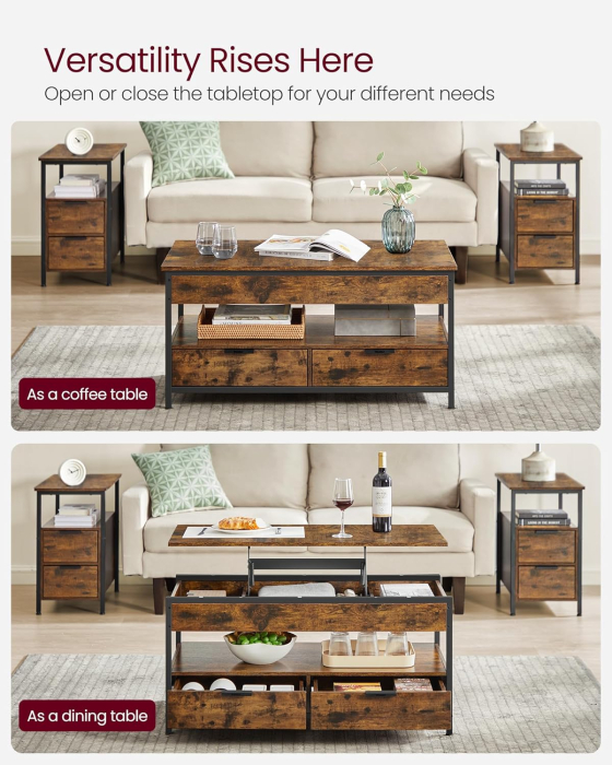 Masuta de cafea cu blat reglabil pe inaltime, cu sertare si spatii de depozitare, stil industrial, 100x50x63 cm, maro vintage [6]