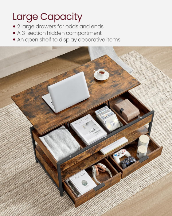 Masuta de cafea cu blat reglabil pe inaltime, cu sertare si spatii de depozitare, stil industrial, 100x50x63 cm, maro vintage [7]