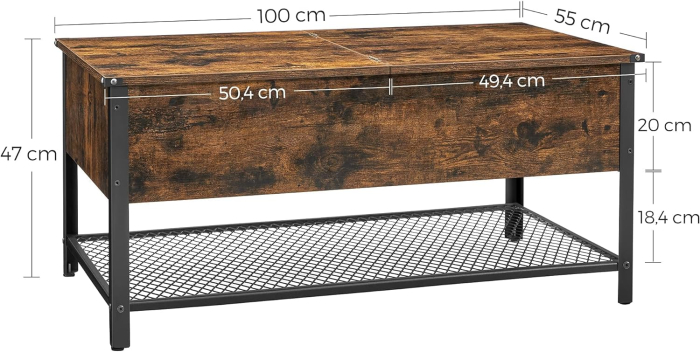 VASAGLE Masuta de cafea cu capac rabatabil, compartiment depozitare ascuns si raft plasa, industrial, 100x55x47cm, maro rustic si negru [3]