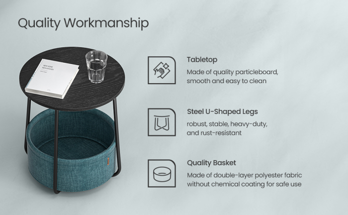 Masuta de cafea rotunda cu cos de stofa, stil modern, 45x50cm, negru cu turcoaz inchis [9]