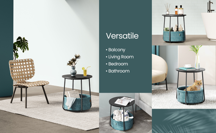 Masuta de cafea rotunda cu cos de stofa, stil modern, 45x50cm, negru cu turcoaz inchis [8]