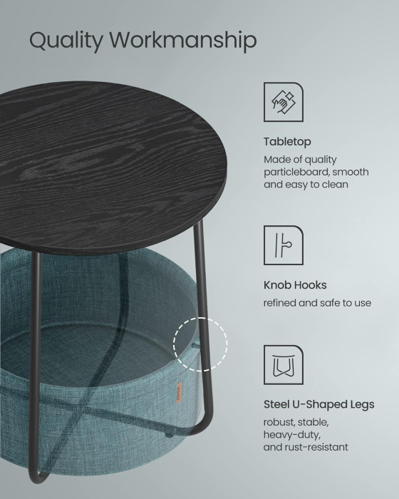 Masuta de cafea rotunda cu cos de stofa, stil modern, 45x50cm, negru cu turcoaz inchis [4]