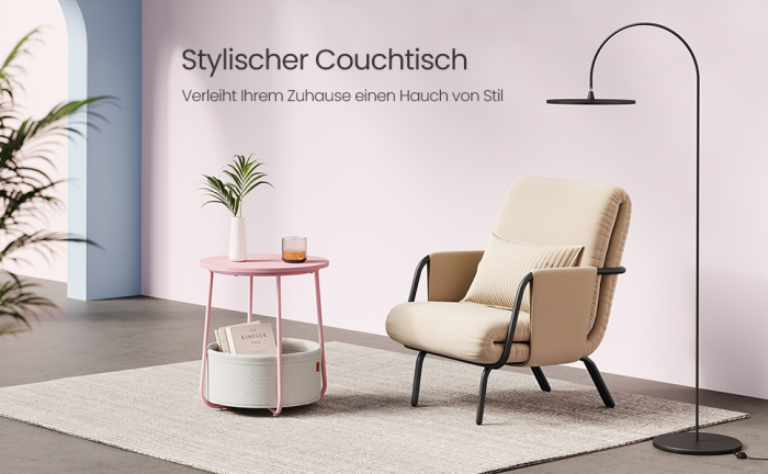 VASAGLE Masuta de cafea rotunda cu cos de stofa, stil modern, 45x50cm, roz cu bej [4]