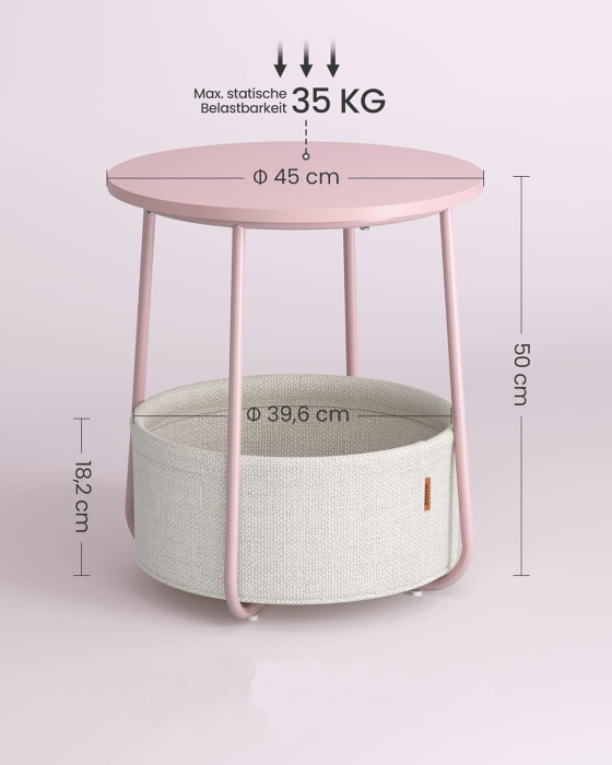 VASAGLE Masuta de cafea rotunda cu cos de stofa, stil modern, 45x50cm, roz cu bej [6]