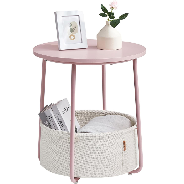 VASAGLE Masuta de cafea rotunda cu cos de stofa, stil modern, 45x50cm, roz cu bej [11]