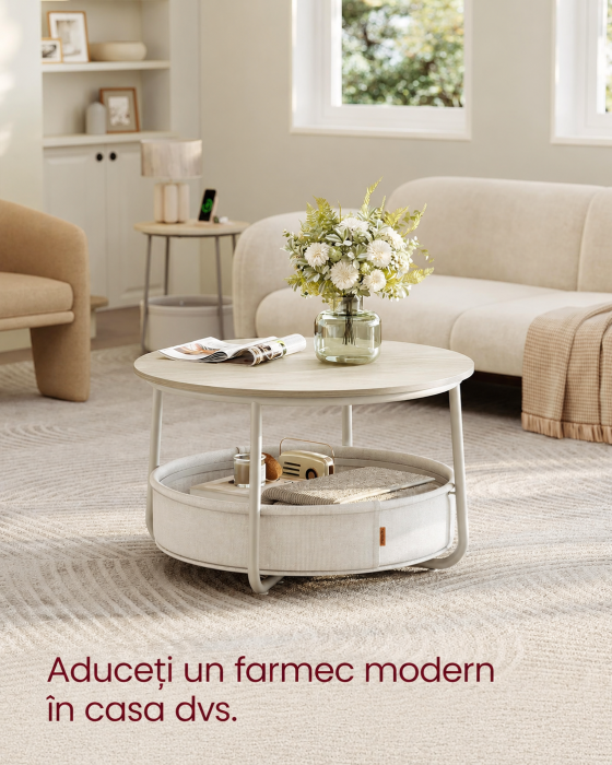 Masuta de cafea rotunda cu cos de stofa, stil modern, 45x75cm, bej cu crem [3]