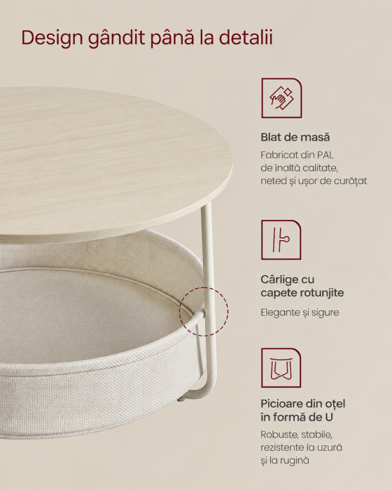 Masuta de cafea rotunda cu cos de stofa, stil modern, 45x75cm, bej cu crem [4]