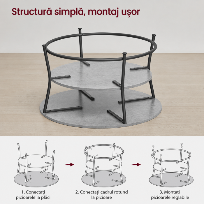 Masuta de cafea rotunda cu raft, 80x80x47 cm, cadru metalic, stil industrial, gri beton si negru [7]