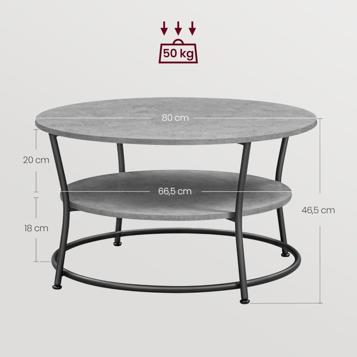 Masuta de cafea rotunda cu raft, 80x80x47 cm, cadru metalic, stil industrial, gri beton si negru [2]