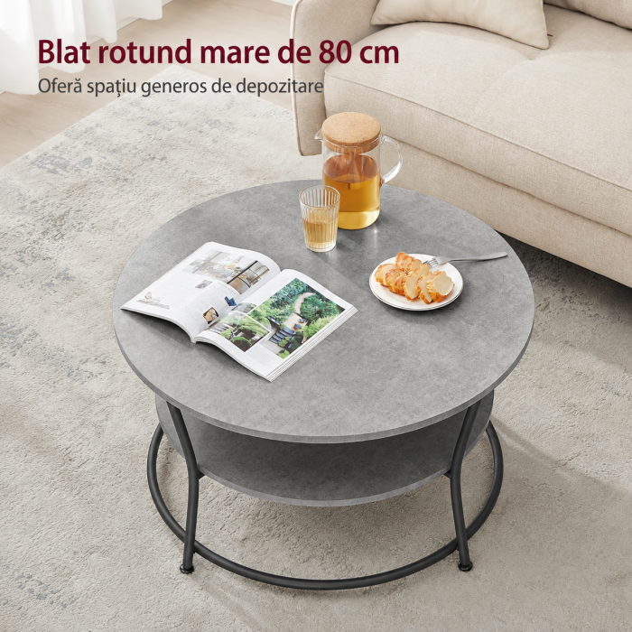 Masuta de cafea rotunda cu raft, 80x80x47 cm, cadru metalic, stil industrial, gri beton si negru [5]