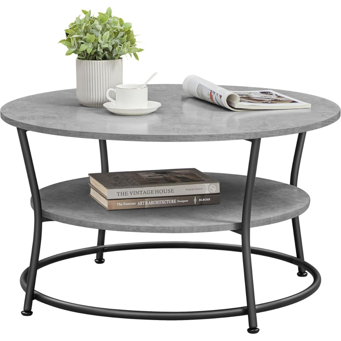 Masuta de cafea rotunda cu raft, 80x80x47 cm, cadru metalic, stil industrial, gri beton si negru [4]