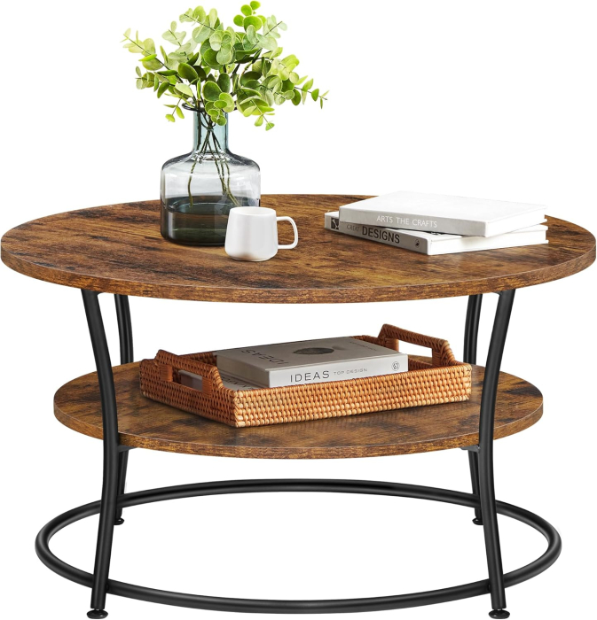 Masuta de cafea rotunda cu raft, cadru metalic, stil industrial, 80x45 cm, maro rustic [6]