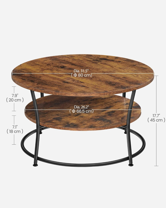Masuta de cafea rotunda cu raft, cadru metalic, stil industrial, 80x45 cm, maro rustic [3]