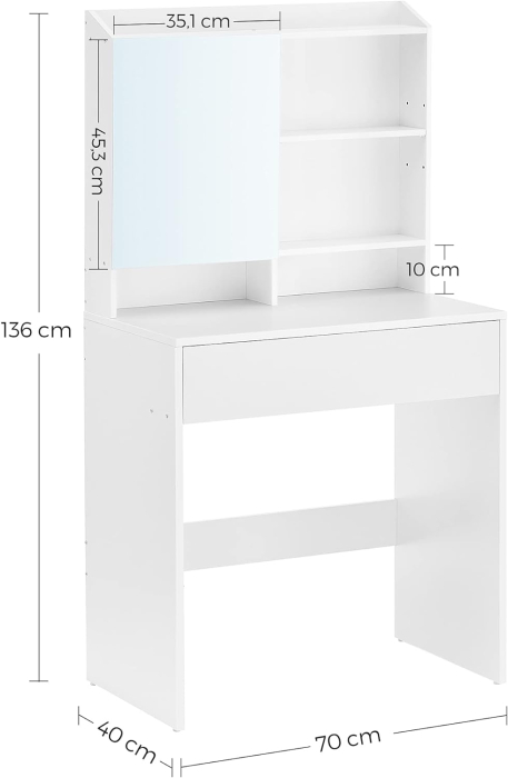 VASAGLE  Masuta de toaleta cu oglinda, rafturi reglabile si sertar pentru cosmetice, 70x40x136cm, alb [6]