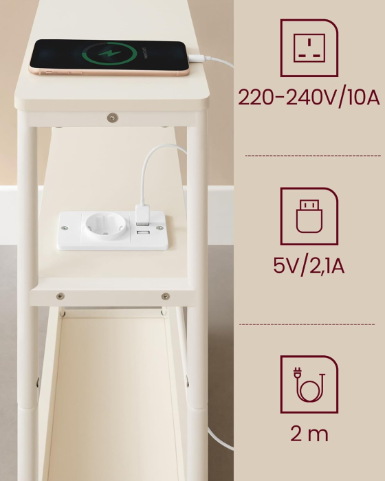 Masuta ingusta cu priza si porturi de incarcare USB, 3 rafturi, 45x18x58 cm, alb crem [5]