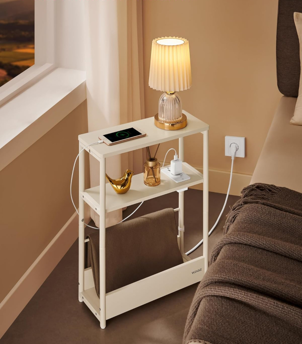 Masuta ingusta cu priza si porturi de incarcare USB, 3 rafturi, 45x18x58 cm, alb crem [4]