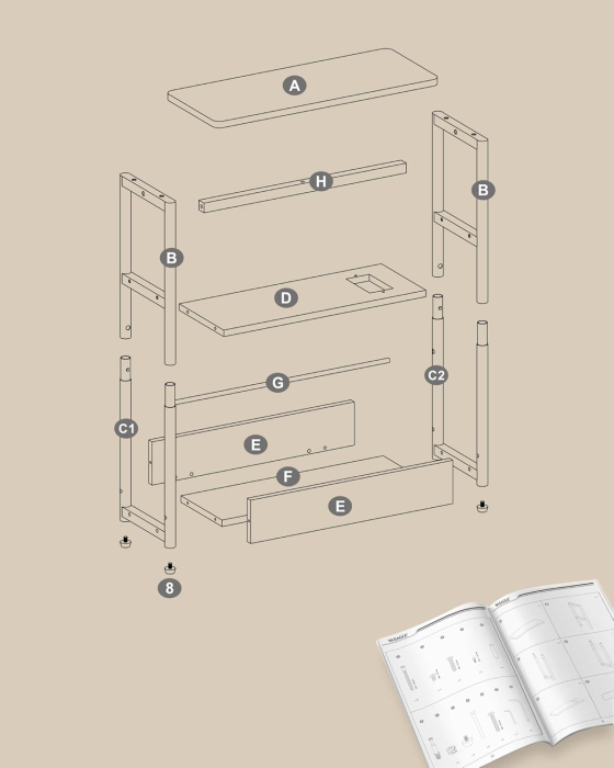 Masuta ingusta cu priza si porturi de incarcare USB, 3 rafturi, 45x18x58 cm, alb crem [7]