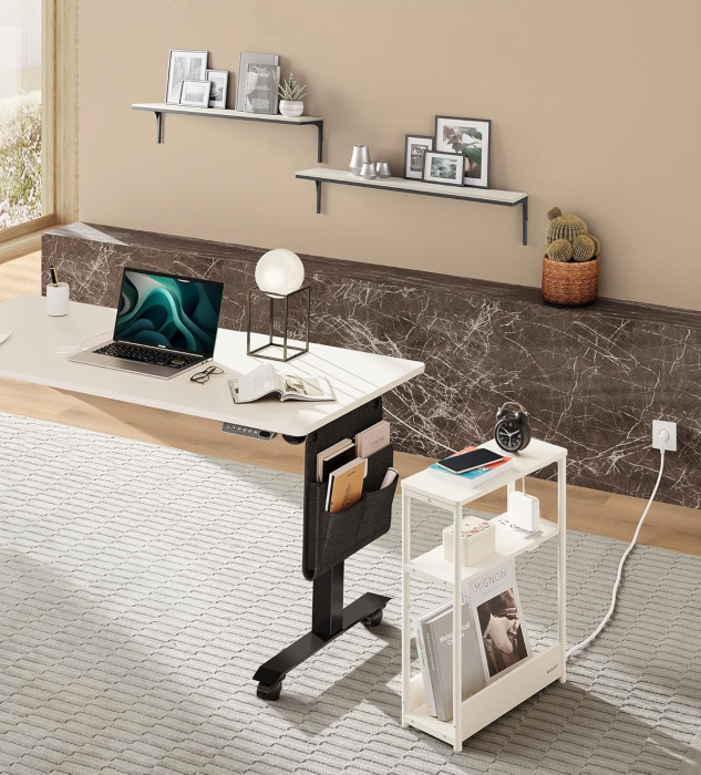 Masuta ingusta cu priza si porturi de incarcare USB, 3 rafturi, 45x18x58 cm, alb crem [6]