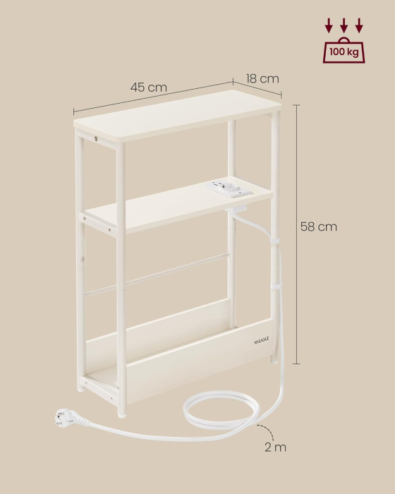 Masuta ingusta cu priza si porturi de incarcare USB, 3 rafturi, 45x18x58 cm, alb crem [3]