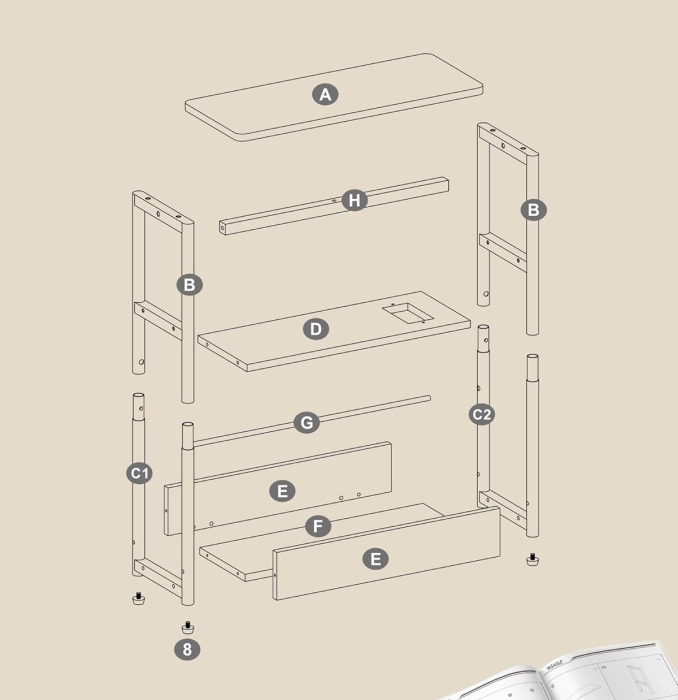 Masuta ingusta cu priza si 2 porturi USB, 3 rafturi si suport reviste, max 100 kg, 45x18x58 cm, maro vintage [7]