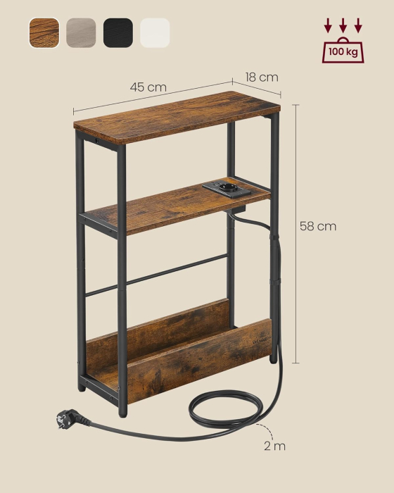 Masuta ingusta cu priza si 2 porturi USB, 3 rafturi si suport reviste, max 100 kg, 45x18x58 cm, maro vintage [2]