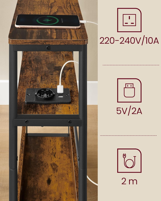 Masuta ingusta cu priza si 2 porturi USB, 3 rafturi si suport reviste, max 100 kg, 45x18x58 cm, maro vintage [5]
