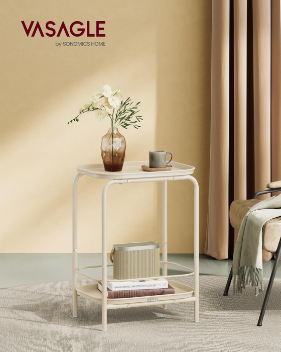 VASAGLE Masuta laterala 40x30x56 cm, cu 2 rafturi, otel rezistent la apa si zgarieturi, crem [2]