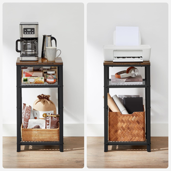 Masuta laterala 40x30x75 cm, cu 2 rafturi grilaj si blat, otel si PAL, maro rustic si negru [8]