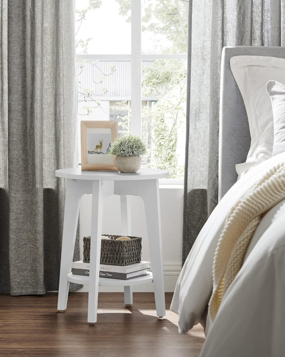 Masuta laterala rotunda cu raft inferior, pentru living sau dormitor, stil modern, 40x40x50 cm, alb [2]