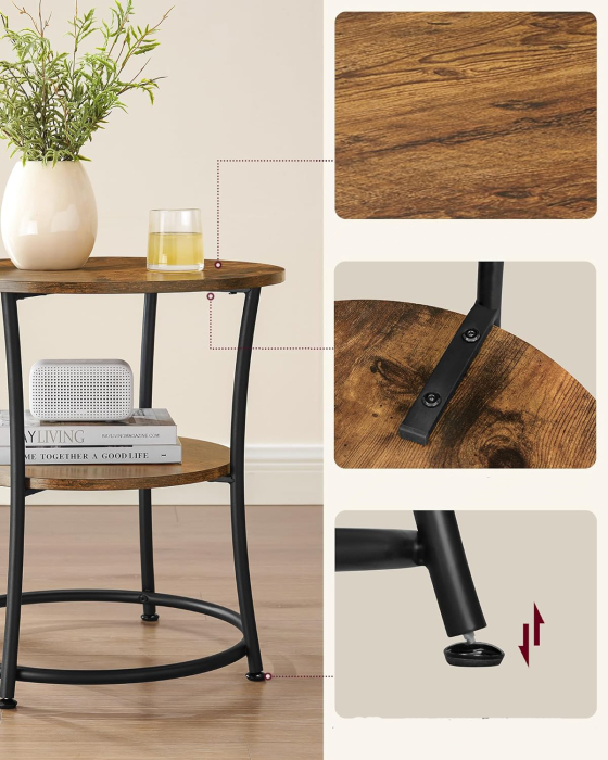 VASAGLE Masuta laterala rotunda, tip noptiera, cu 2 rafturi, cadru de otel, 55x55cm, maro rustic [4]