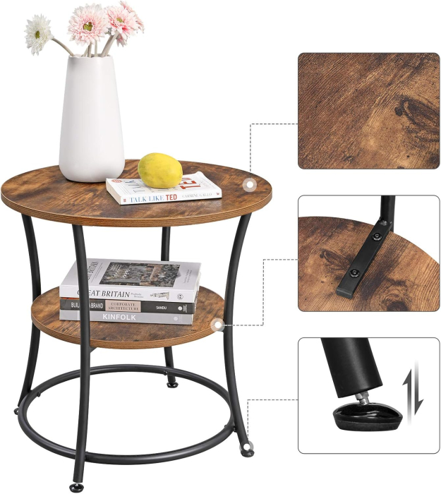 VASAGLE Masuta laterala rotunda, tip noptiera, cu 2 rafturi, cadru de otel, 55x55cm, maro rustic [6]