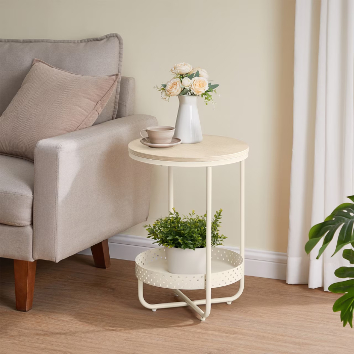 VASAGLE Masuta laterala tip noptiera, rotunda cu cos depozitare, cadru metalic, 40x55 cm, crem [2]