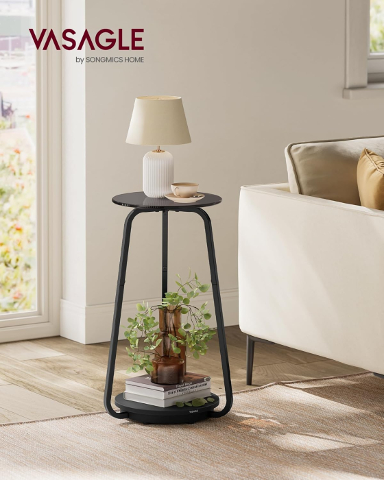 VASAGLE Masuta rotunda tip noptiera, blat din sticla si raft inferior din PAL, cadru metalic, 30x30x55 cm, negru [5]