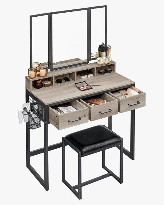 Masuta toaleta 90x40x141 cm, cu 3 sertare, oglinda tripla si taburet, lemn si otel, gri si negru [6]