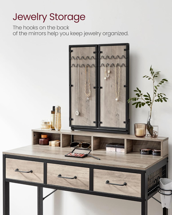 Masuta toaleta 90x40x141 cm, cu 3 sertare, oglinda tripla si taburet, lemn si otel, gri si negru [11]