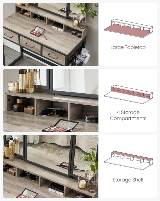 Masuta toaleta 90x40x141 cm, cu 3 sertare, oglinda tripla si taburet, lemn si otel, gri si negru [9]