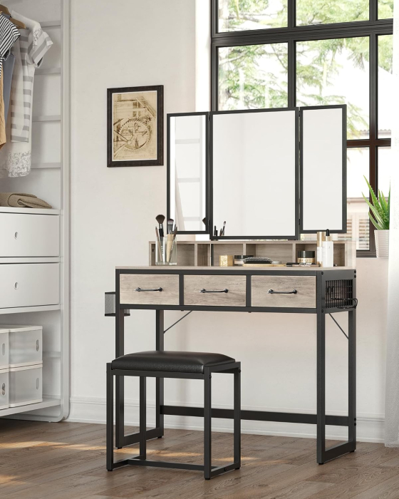 Masuta toaleta 90x40x141 cm, cu 3 sertare, oglinda tripla si taburet, lemn si otel, gri si negru [8]