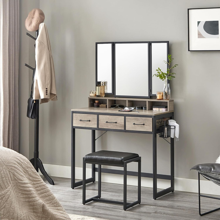 Masuta toaleta 90x40x141 cm, cu 3 sertare, oglinda tripla si taburet, lemn si otel, gri si negru [7]