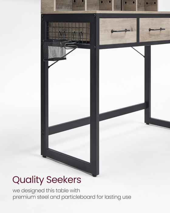 Masuta toaleta 90x40x141 cm, cu 3 sertare, oglinda tripla si taburet, lemn si otel, gri si negru [4]