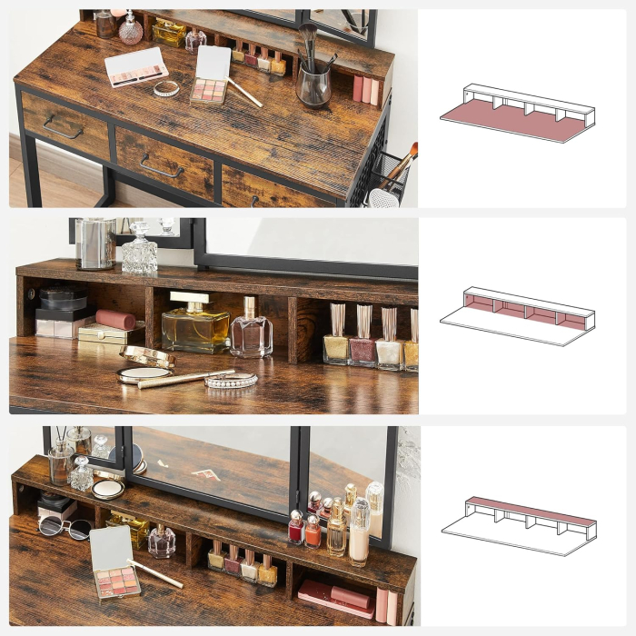 Masuta toaleta 90x40x141 cm, cu 3 sertare, oglinda tripla si taburet, lemn si otel, maro rustic si negru [2]