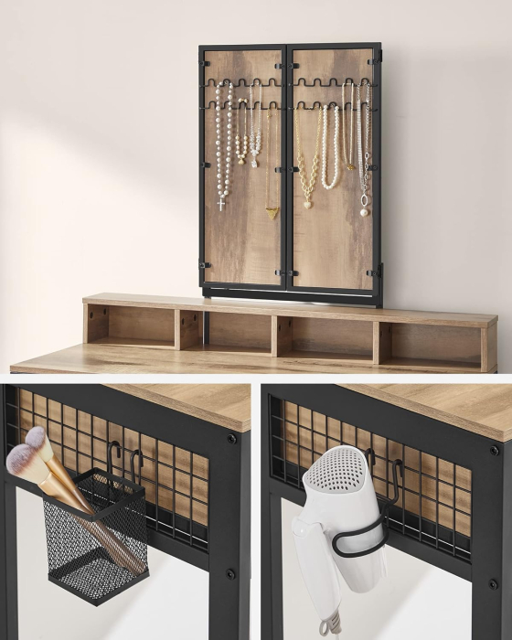 Masuta toaleta 3 sertare oglinda tripla taburet lemn otel, 90x40x141 cm, design rustic, maro negru [10]