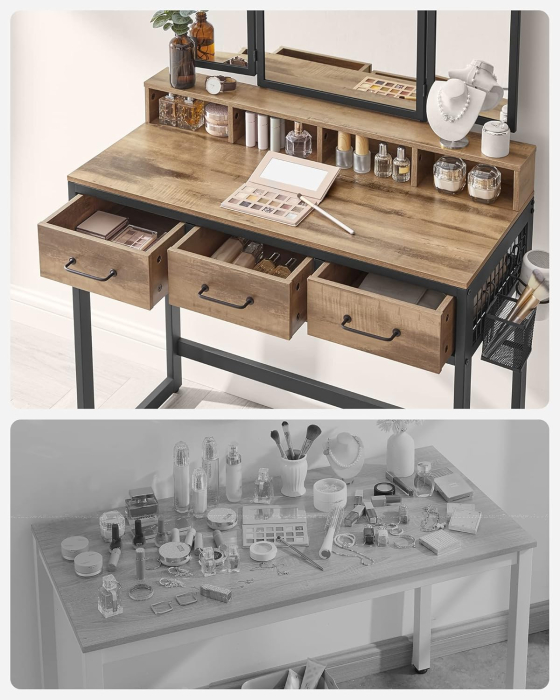 Masuta toaleta 3 sertare oglinda tripla taburet lemn otel, 90x40x141 cm, design rustic, maro negru [9]